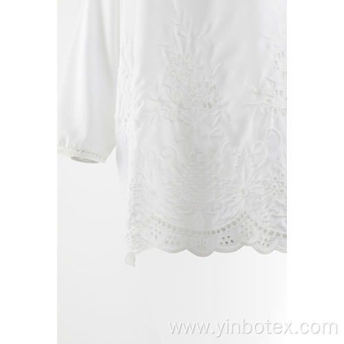 White chiffon embroidery 3/4 sleeve blouse